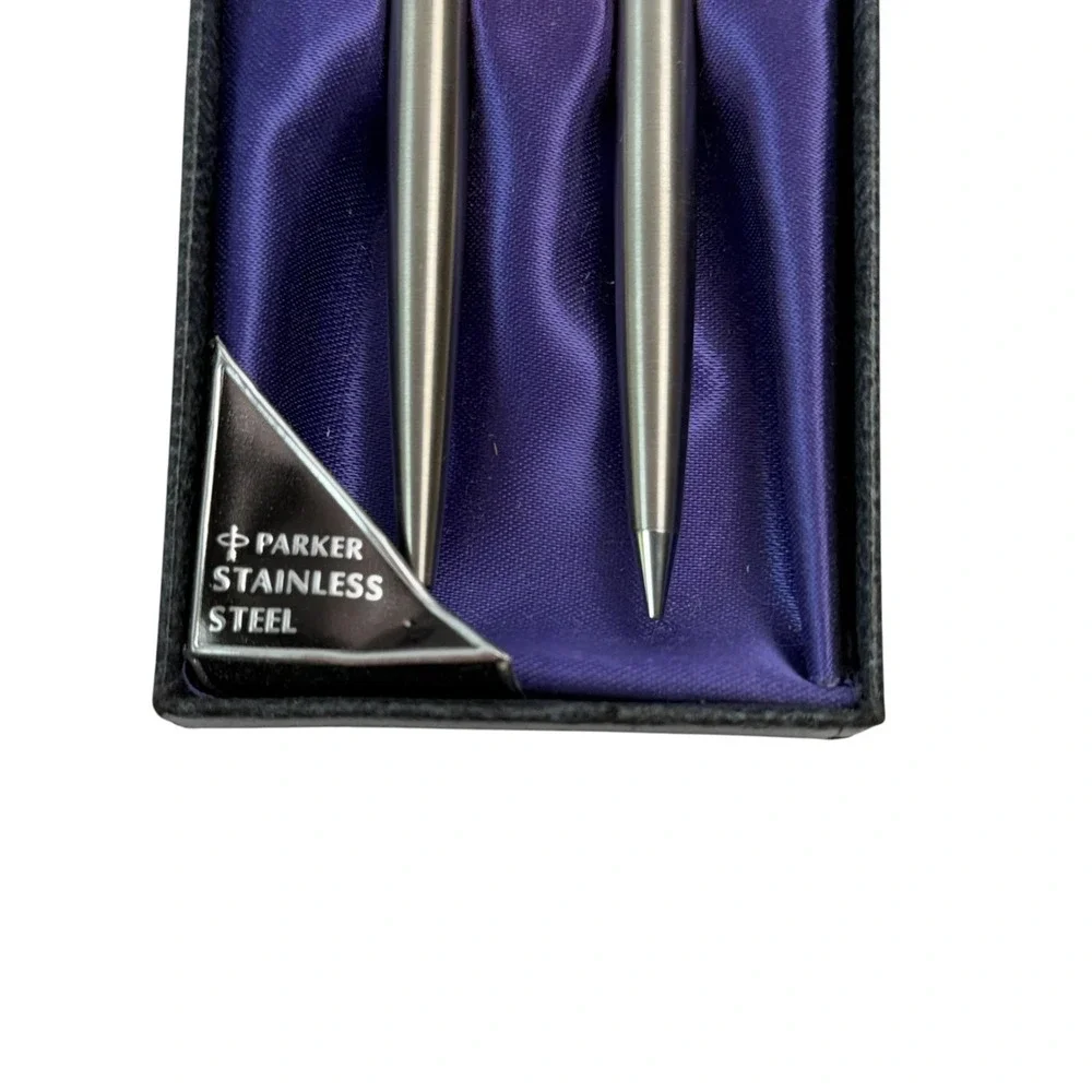 Vintage Parker Stainless Steel Pen Pencil Set In Box Ballpoint Mechanical USA